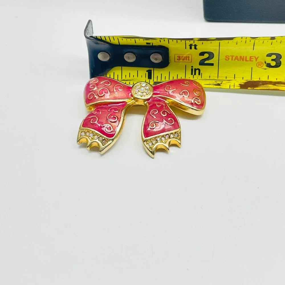 Vintage Bow Brooch Pin Red Enamel Gold Tone Scroll Accent Rhinestone Center Gift